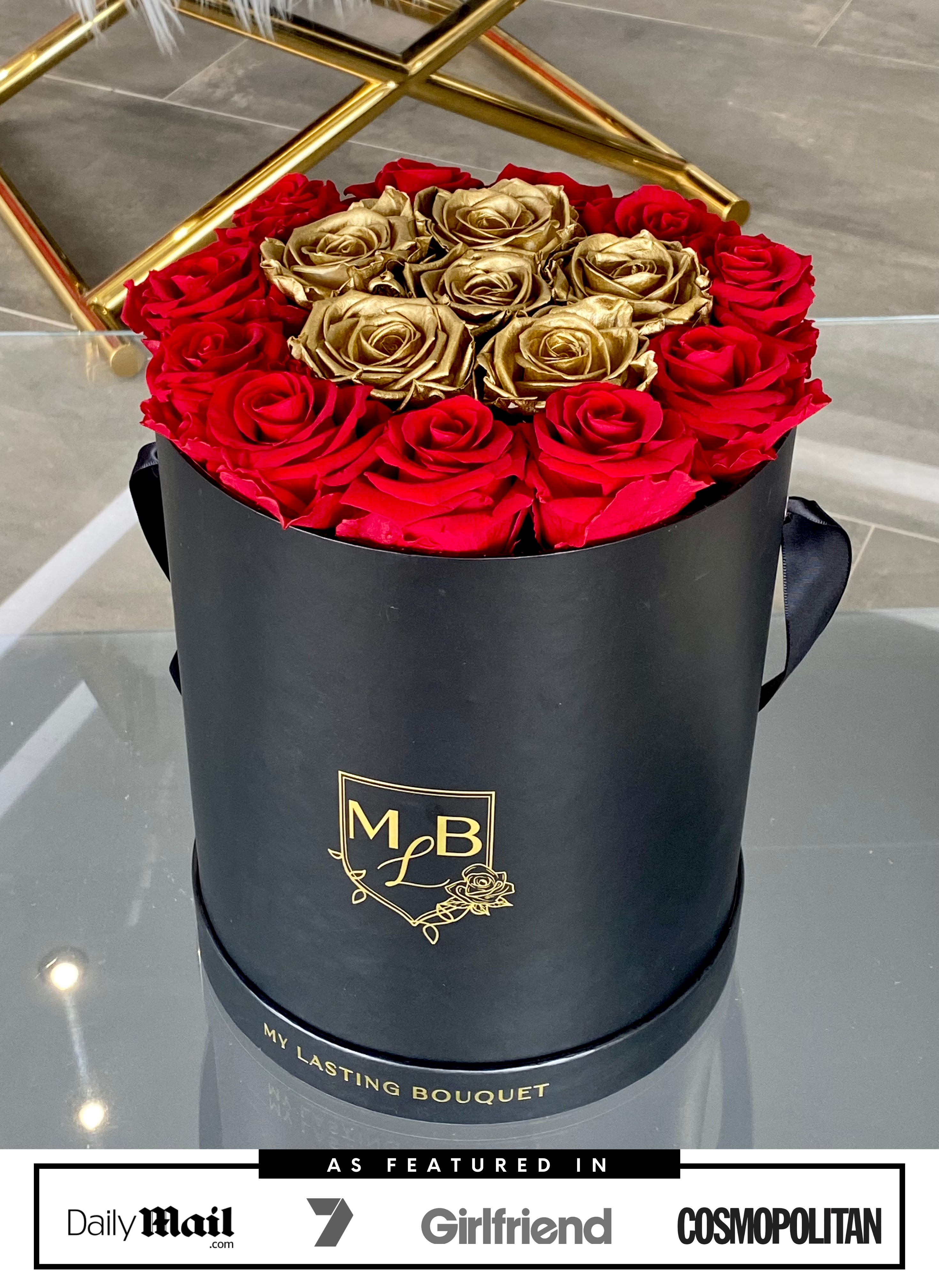 Round Rose Box- Red & Gold - My Lasting Bouquet