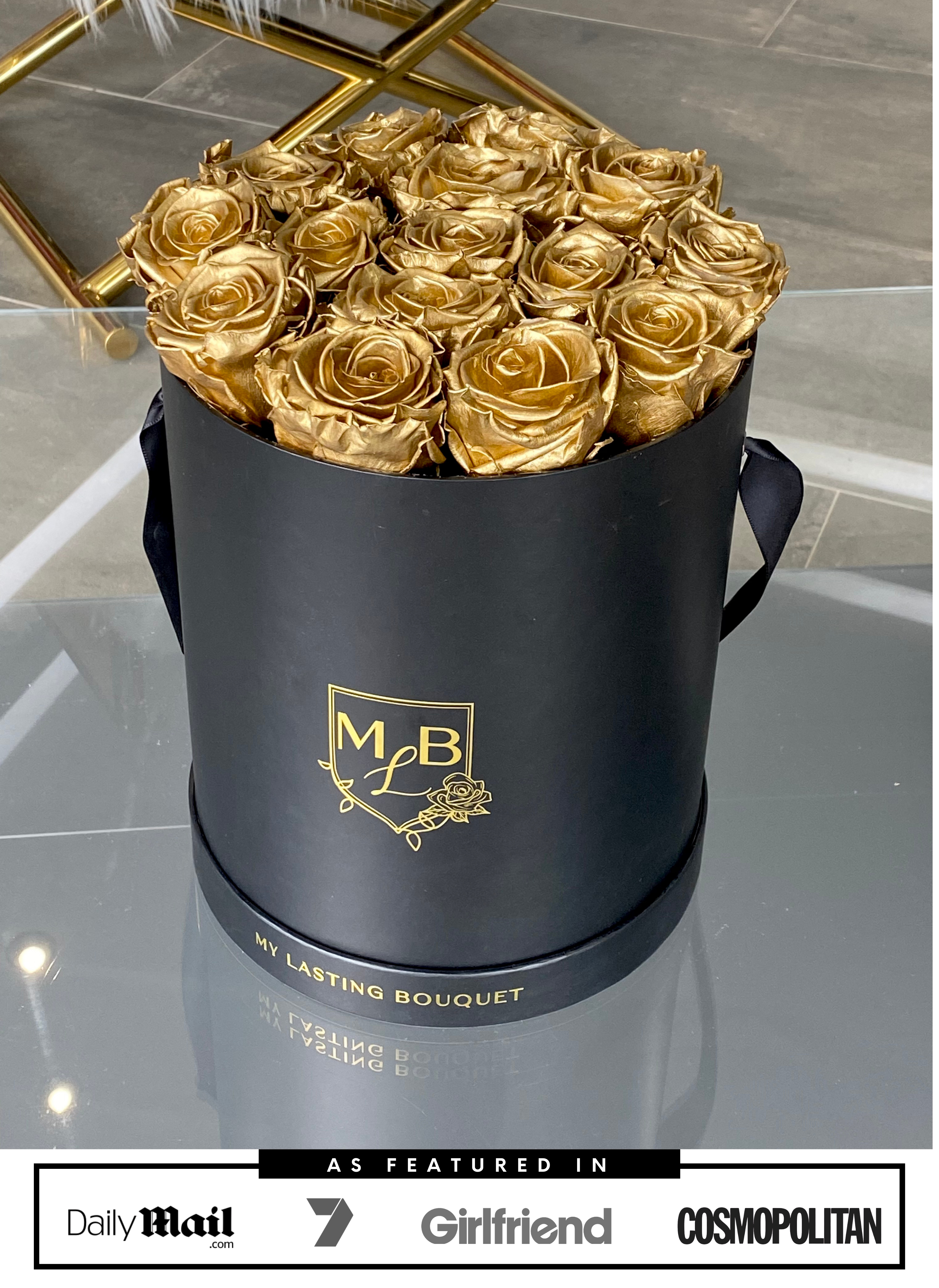 Round Rose Box- Gold Roses - My Lasting Bouquet