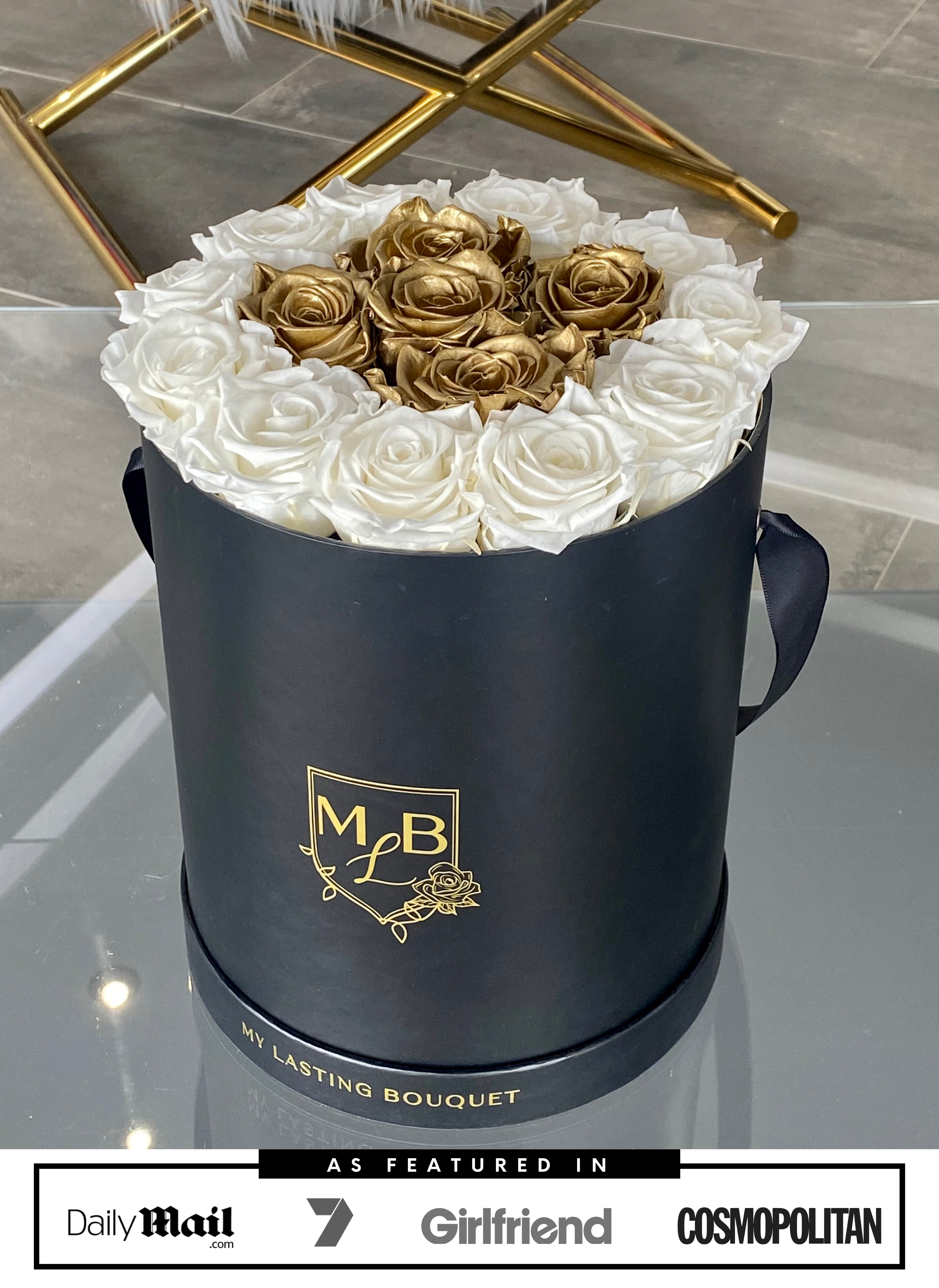 Round Rose Box- White & Gold - My Lasting Bouquet