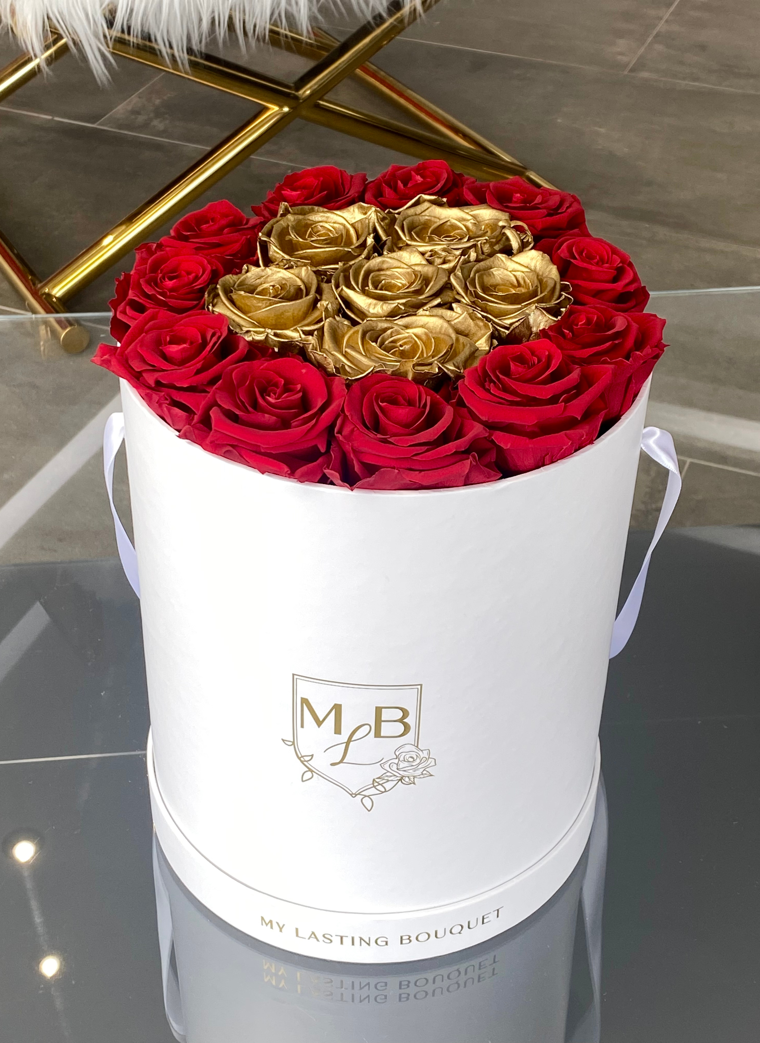 Round Rose Box- Red & Gold - My Lasting Bouquet