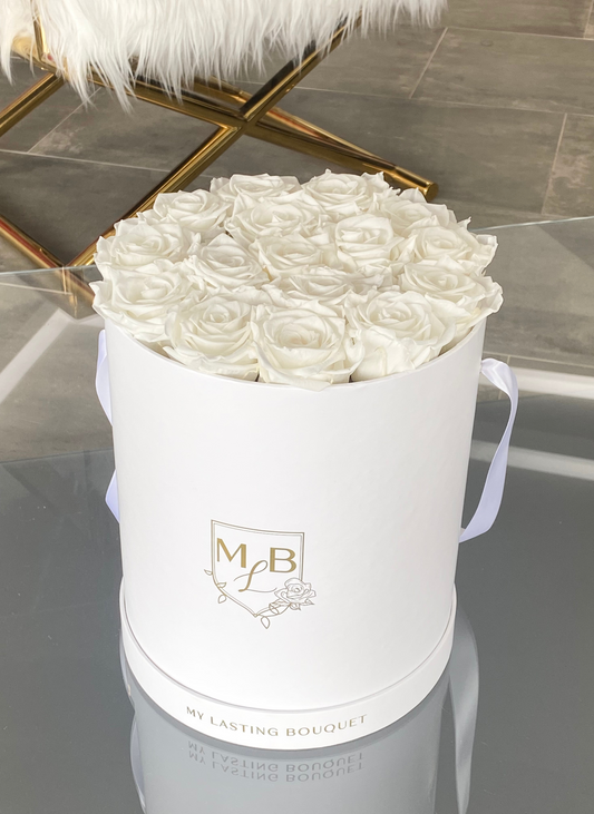 Round Rose Box- White Roses – My Lasting Bouquet